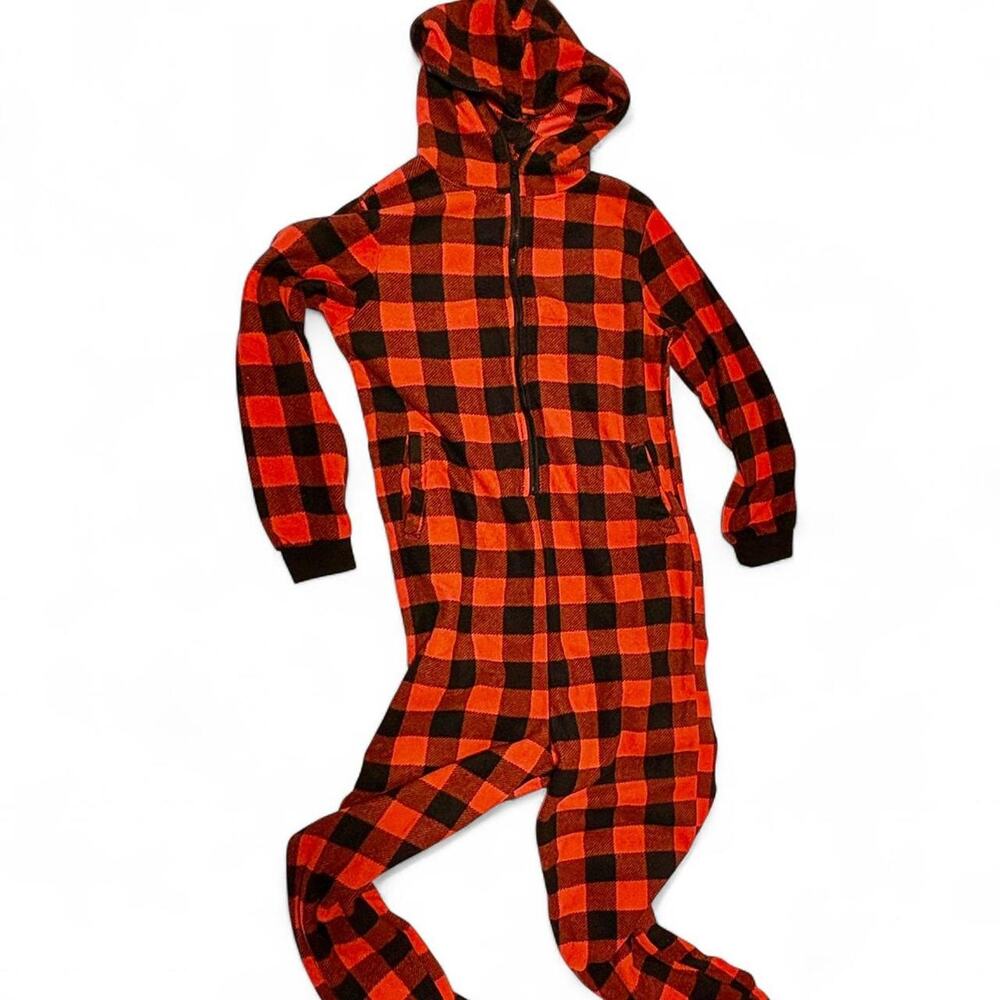 Red and black plaid onesie with hood